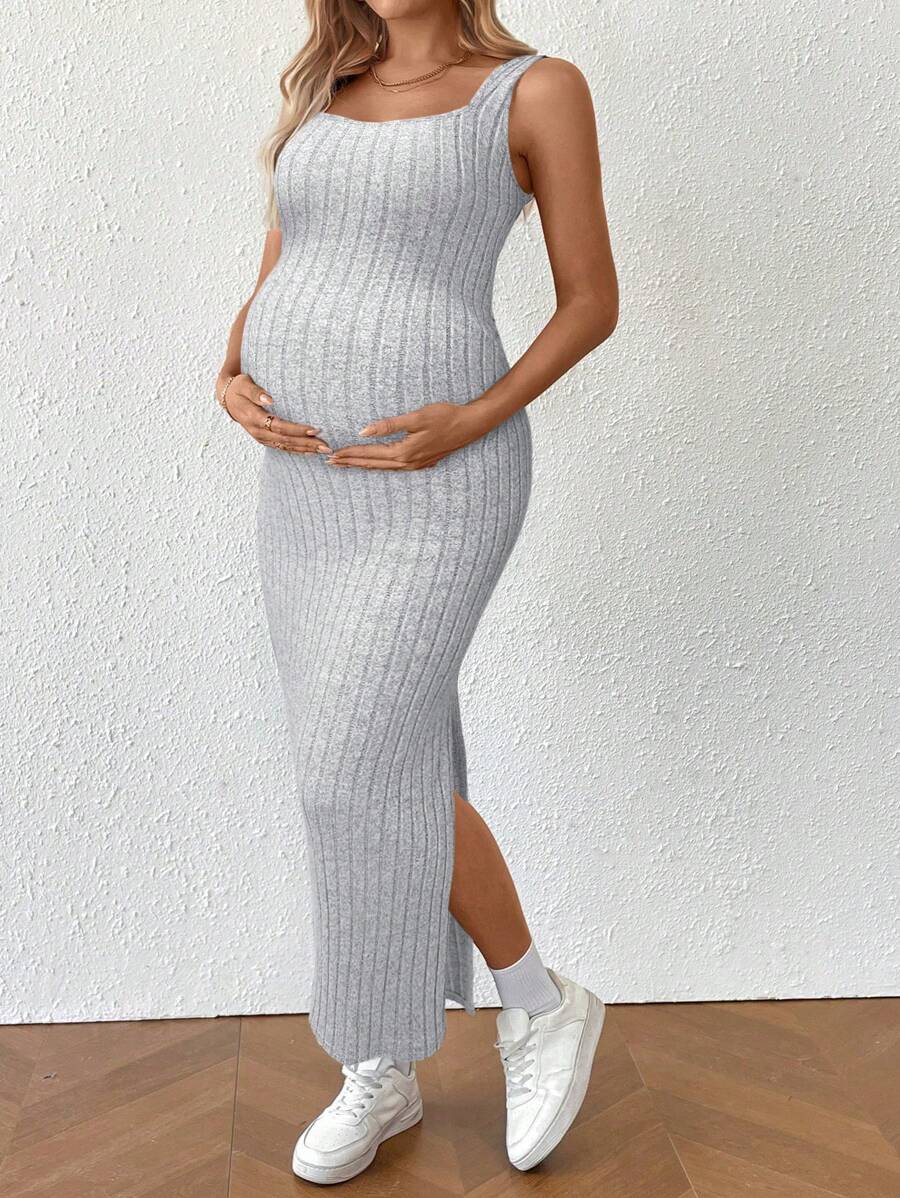 Maternity Summer Minimalist Ribbed Twist Back Slit Midi Dress Apricot Sleeveless Cami Dress for Babymoon