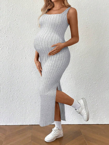 Maternity Summer Minimalist Ribbed Twist Back Slit Midi Dress Apricot Sleeveless Cami Dress for Babymoon