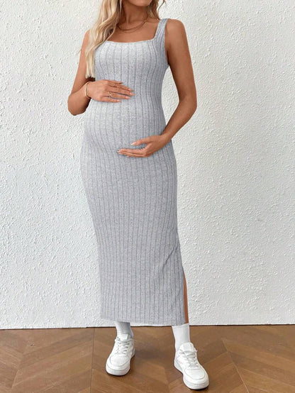 Maternity Summer Minimalist Ribbed Twist Back Slit Midi Dress Apricot Sleeveless Cami Dress for Babymoon