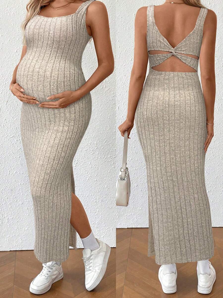Maternity Summer Minimalist Ribbed Twist Back Slit Midi Dress Apricot Sleeveless Cami Dress for Babymoon