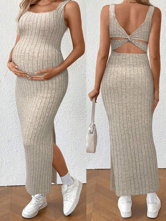 Maternity Summer Minimalist Ribbed Twist Back Slit Midi Dress Apricot Sleeveless Cami Dress for Babymoon
