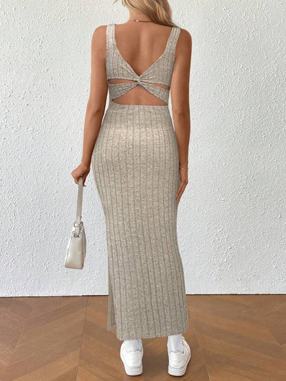 Dusty Pink Ribbed Maternity Bodycon Midi Dress with Twist Back and Side Slit Hem - Sleeveless Summer Knit Cami Dress