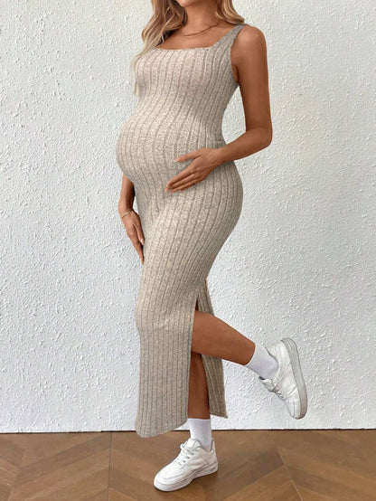 Maternity Summer Minimalist Ribbed Twist Back Slit Midi Dress Apricot Sleeveless Cami Dress for Babymoon