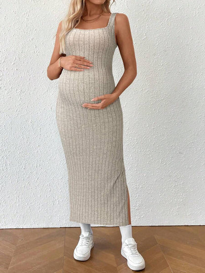 Maternity Summer Minimalist Ribbed Twist Back Slit Midi Dress Apricot Sleeveless Cami Dress for Babymoon