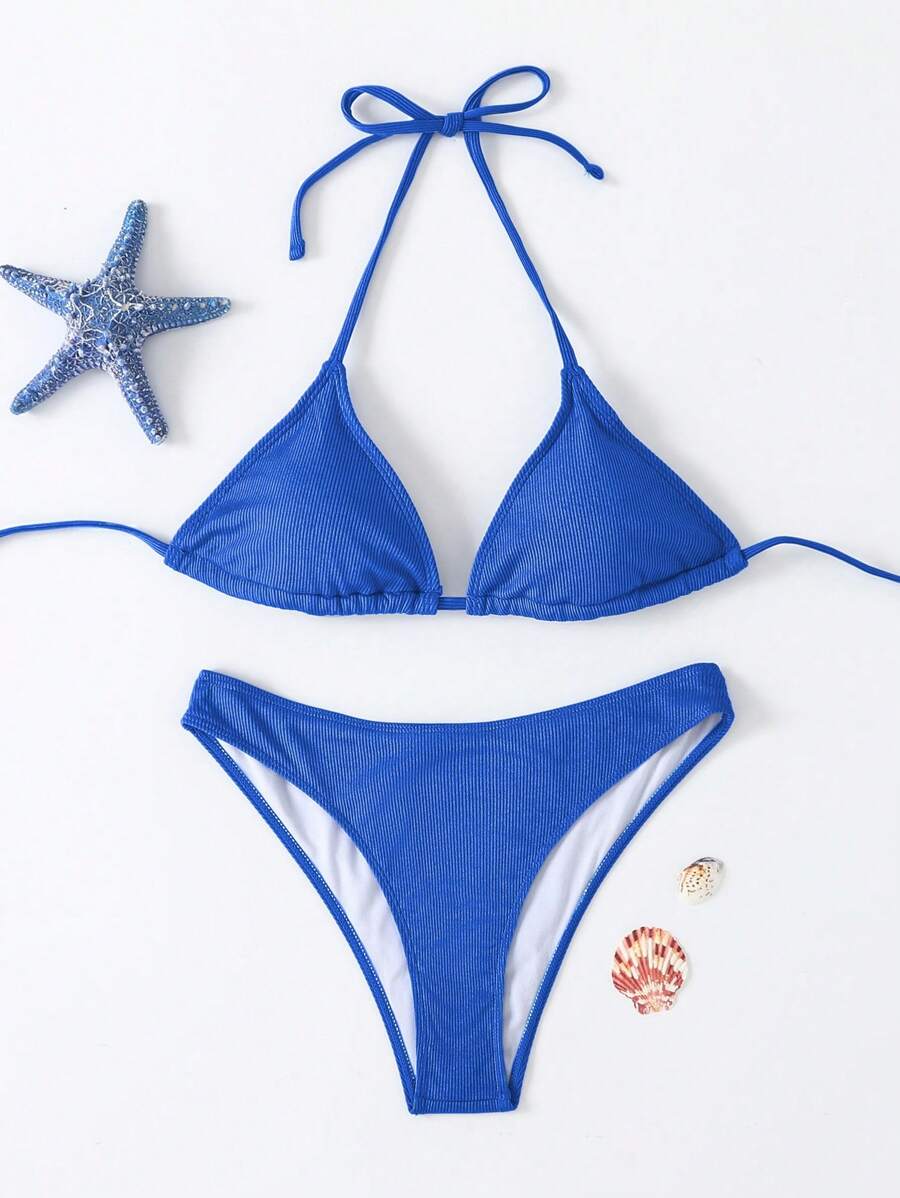 Swim Vcay Women's Summer New Contrast Color Striped Sexy Halter Triangle Cup Bikini Set