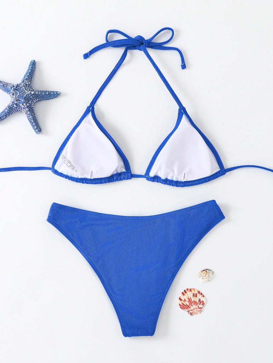 Swim Mod Women's Pink Polka Dot Print Halter Neck Low Waist Triangle Bikini Set, Summer Sexy Spring