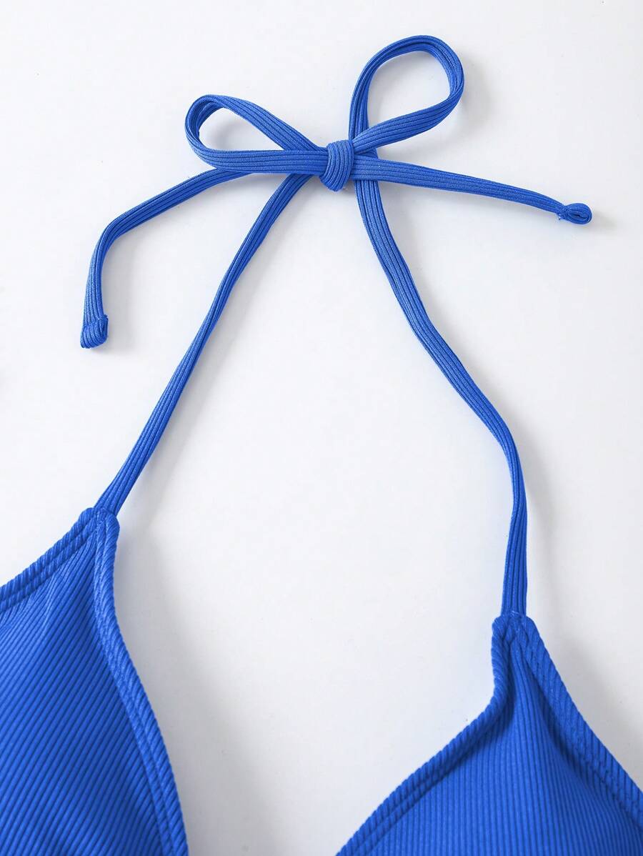 Swim Vcay Women's Summer New Contrast Color Striped Sexy Halter Triangle Cup Bikini Set