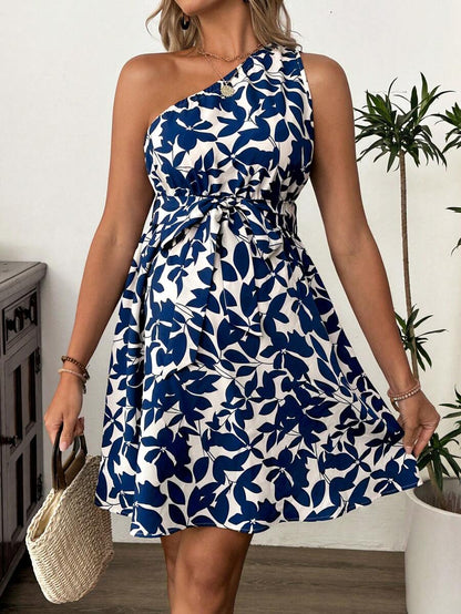 Maternity Floral Print Asymmetric Neck Knee Length Sleeveless Dress Boho A-Line Belted Dress for Office and Events