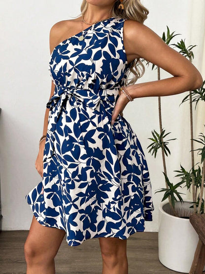Maternity Floral Print Asymmetric Neck Knee Length Sleeveless Dress Boho A-Line Belted Dress for Office and Events