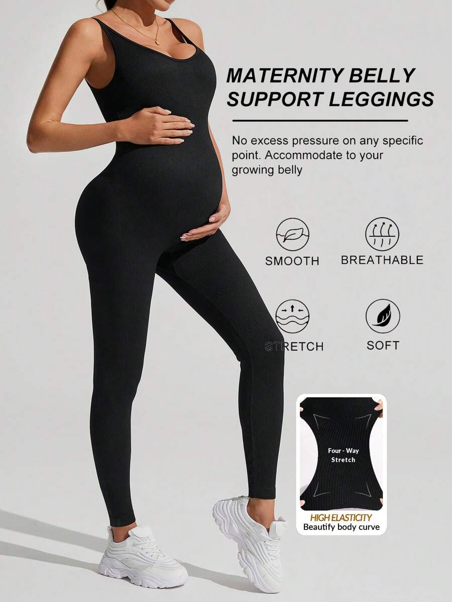 Yellow Rib-Knit Asymmetrical Neck Maternity Jumpsuit - High Stretch Sleeveless Skinny Fit Capri One Piece - Casual Sporty Maternity Wear