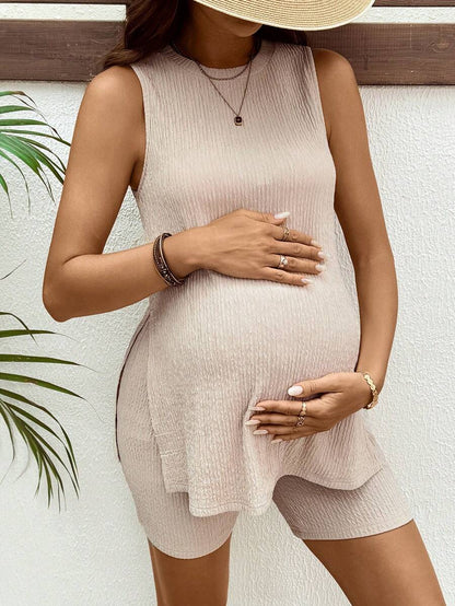 Maternity Coffee Brown Ribbed Knit Tank Top and Biker Shorts Set - Slim Fit Round Neck Casual Two Piece Lounge Set