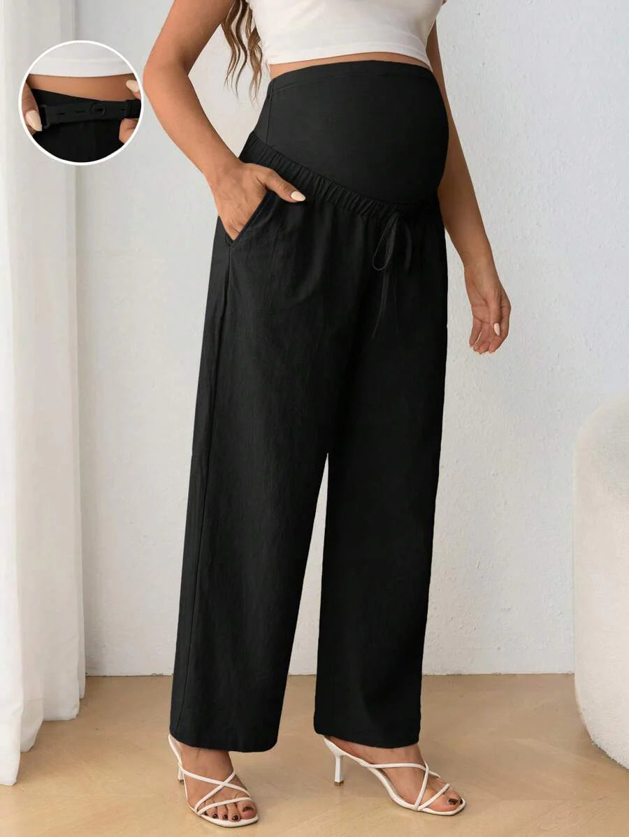 Maternity Belly Support Pants - Drawstring Bowknot, Straight Leg, Ultra High Waist, Black