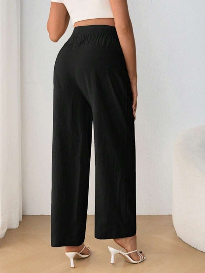 Maternity Belly Support Pants - Drawstring Bowknot, Straight Leg, Ultra High Waist, Black
