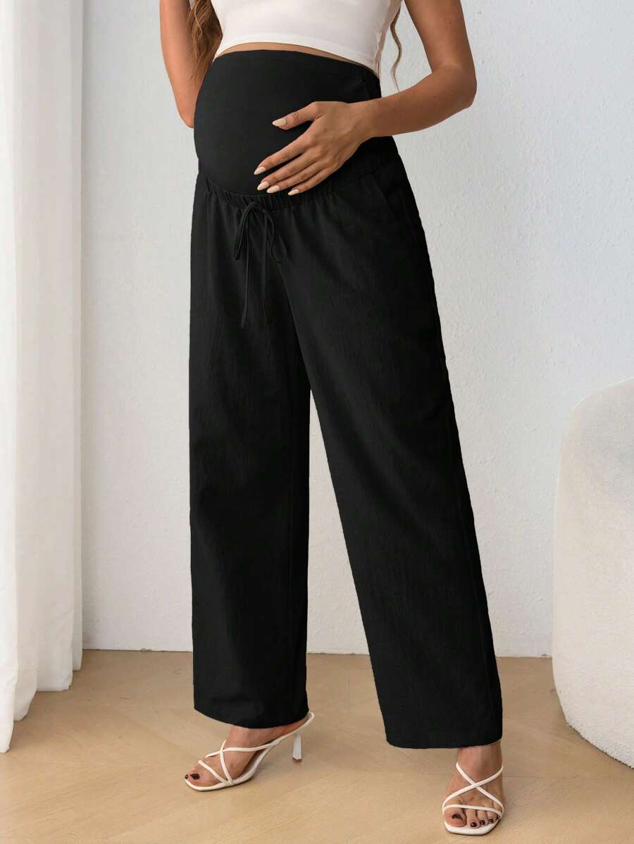 Maternity Belly Support Pants - Drawstring Bowknot, Straight Leg, Ultra High Waist, Black