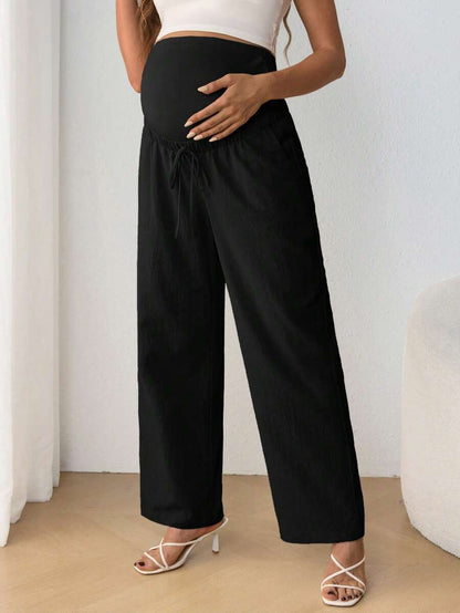 Maternity Belly Support Pants - Drawstring Bowknot, Straight Leg, Ultra High Waist, Black