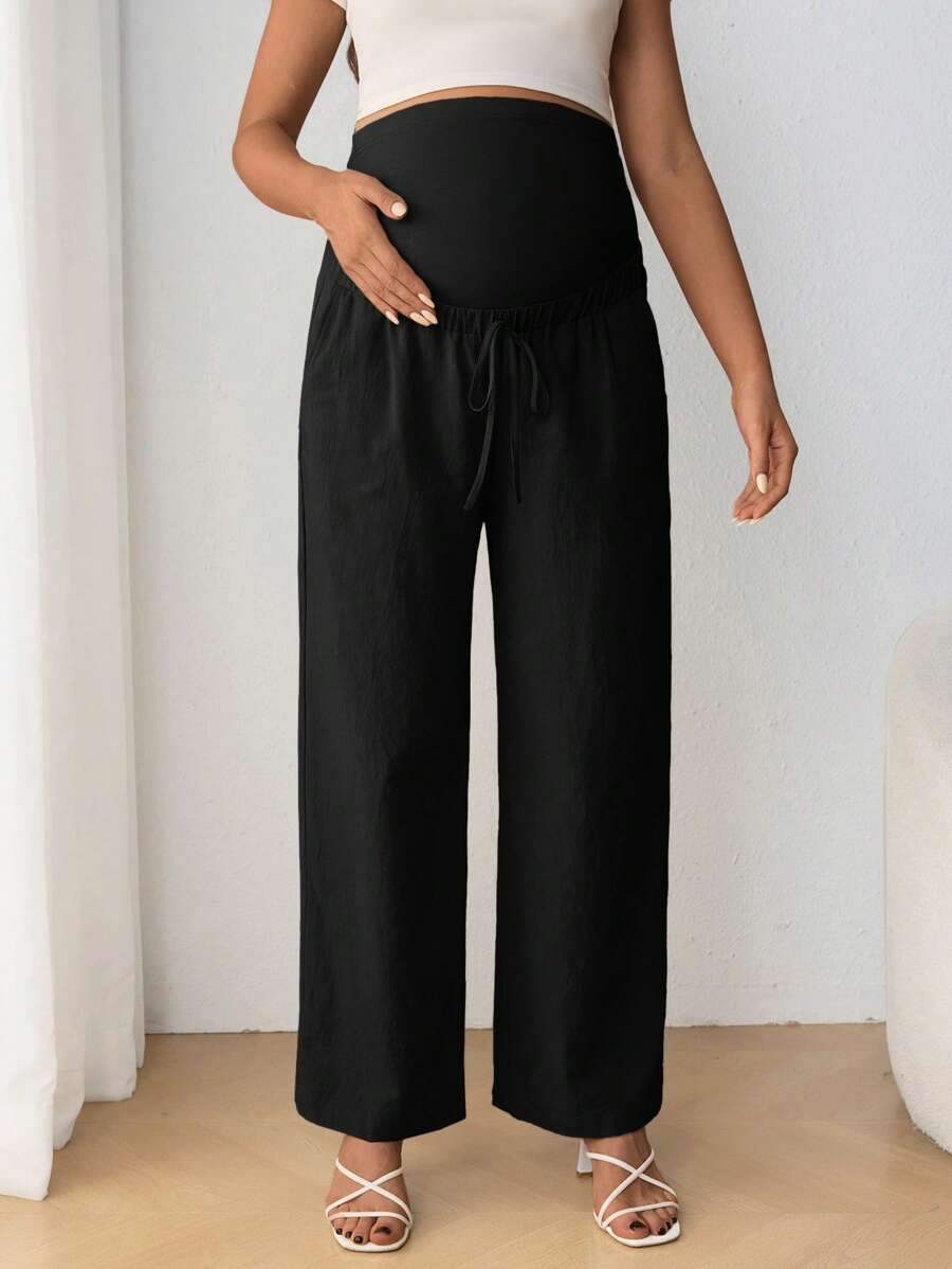 Maternity Belly Support Pants - Drawstring Bowknot, Straight Leg, Ultra High Waist, Black