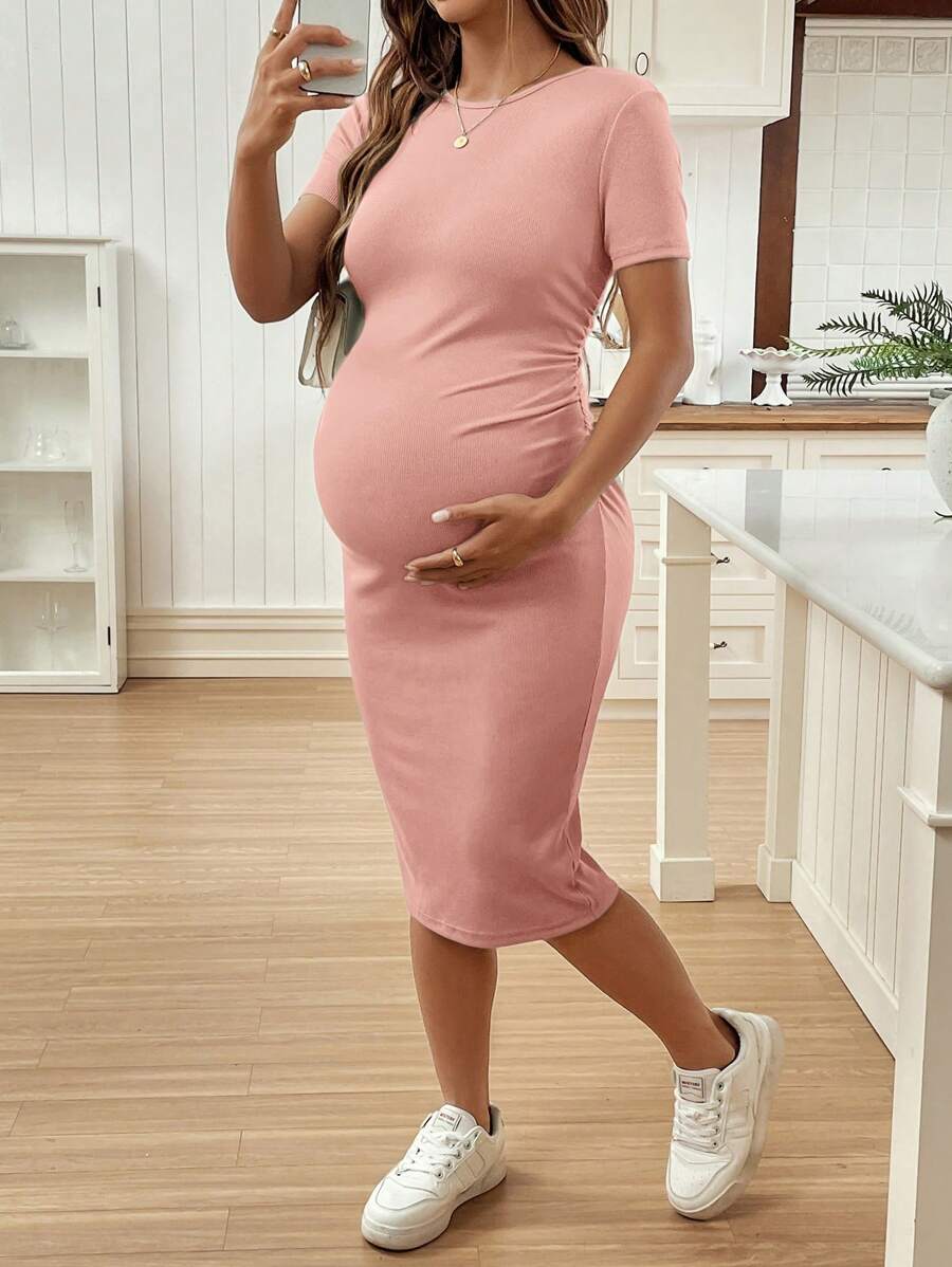Maternity Short Sleeve Crew Neck Ruched Bodycon Dress Slim Fit Knee Length Solid Color Casual Streetwear Maternity T-Shirt Dress