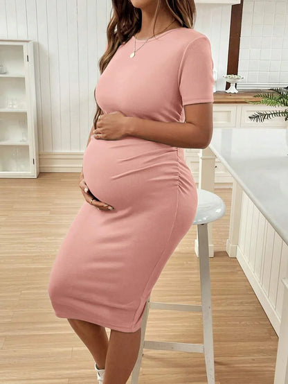 Maternity Short Sleeve Crew Neck Ruched Bodycon Dress Slim Fit Knee Length Solid Color Casual Streetwear Maternity T-Shirt Dress