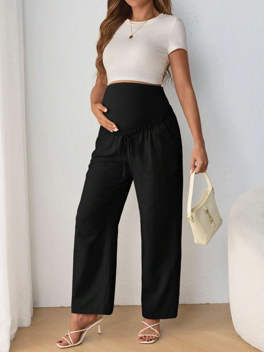 Maternity Belly Support Straight Leg Pants - Drawstring, Ultra High Waist, Apricot