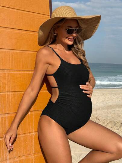 Pregnant Women Elegant Ribbed Backless One-Piece Swimsuit For Summer Beach Vacation