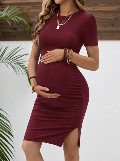 Maternity Short Sleeve Ruched Bodycon Dress Slim Fit Knee Length Solid Color Pregnancy Pencil Dress for Casual Home Wear
