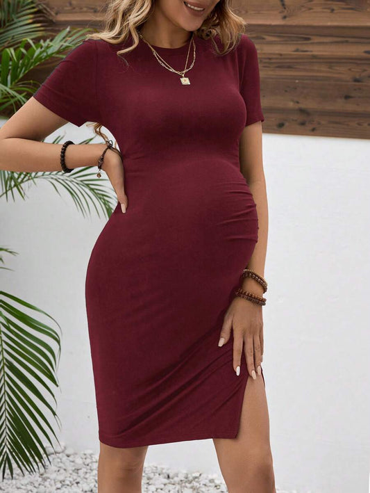 Maternity Short Sleeve Ruched Bodycon Dress Slim Fit Knee Length Solid Color Pregnancy Pencil Dress for Casual Home Wear