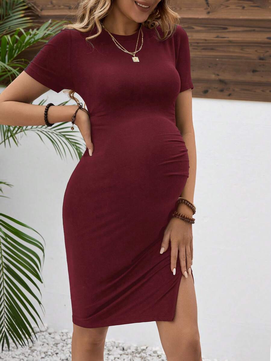 Green Maternity Bodycon Dress - Ruched Round Neck Raglan Short Sleeve Fitted Knee Length Viscose Pencil Dress for Daily Wear