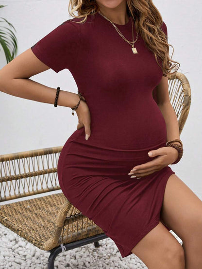 Maternity Short Sleeve Ruched Bodycon Dress Slim Fit Knee Length Solid Color Pregnancy Pencil Dress for Casual Home Wear