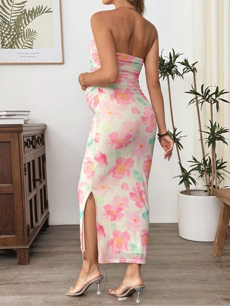 Floral Print Ruched Mesh Maternity Bodycon Dress - Slim Fit Strapless Long Slit Dress for Beach Holiday