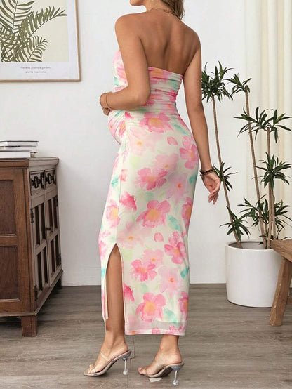 Floral Print Ruched Mesh Maternity Bodycon Dress - Slim Fit Strapless Long Slit Dress for Beach Holiday