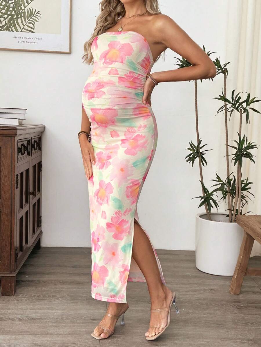 Floral Print Ruched Mesh Maternity Bodycon Dress - Slim Fit Strapless Long Slit Dress for Beach Holiday