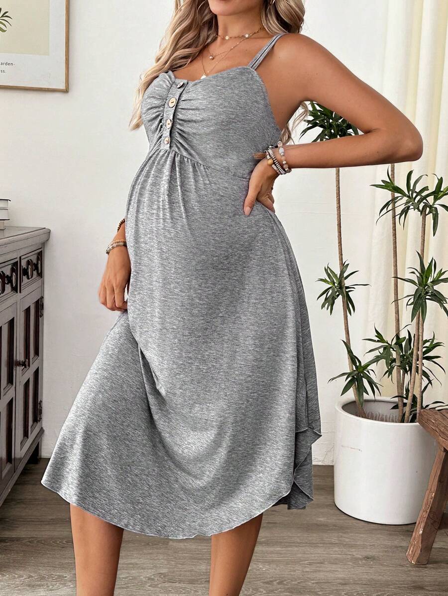Maternity Summer Casual Burgundy Nursing Slip Dress with Ruched Bust and Button Decor - High Stretch Knit Maternity Long Dress