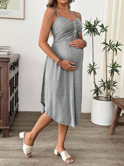Grey Knitted Maternity Nursing Dress Asymmetrical Button Front Spaghetti Strap Sleeveless Long Casual Loungewear Maxi Dress