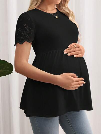 Black Maternity Knitted T-Shirt with Scalloped Short Sleeves and Flared Hem - Casual Round Neck Pregnancy Top