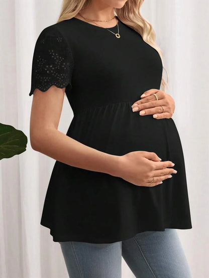 Black Maternity Knitted T-Shirt with Scalloped Short Sleeves and Flared Hem - Casual Round Neck Pregnancy Top