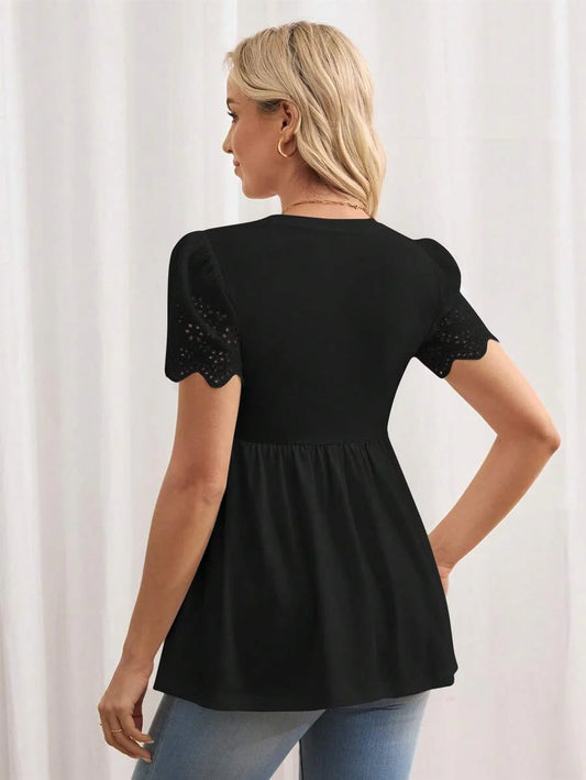 Black Maternity Knitted T-Shirt with Scalloped Short Sleeves and Flared Hem - Casual Round Neck Pregnancy Top
