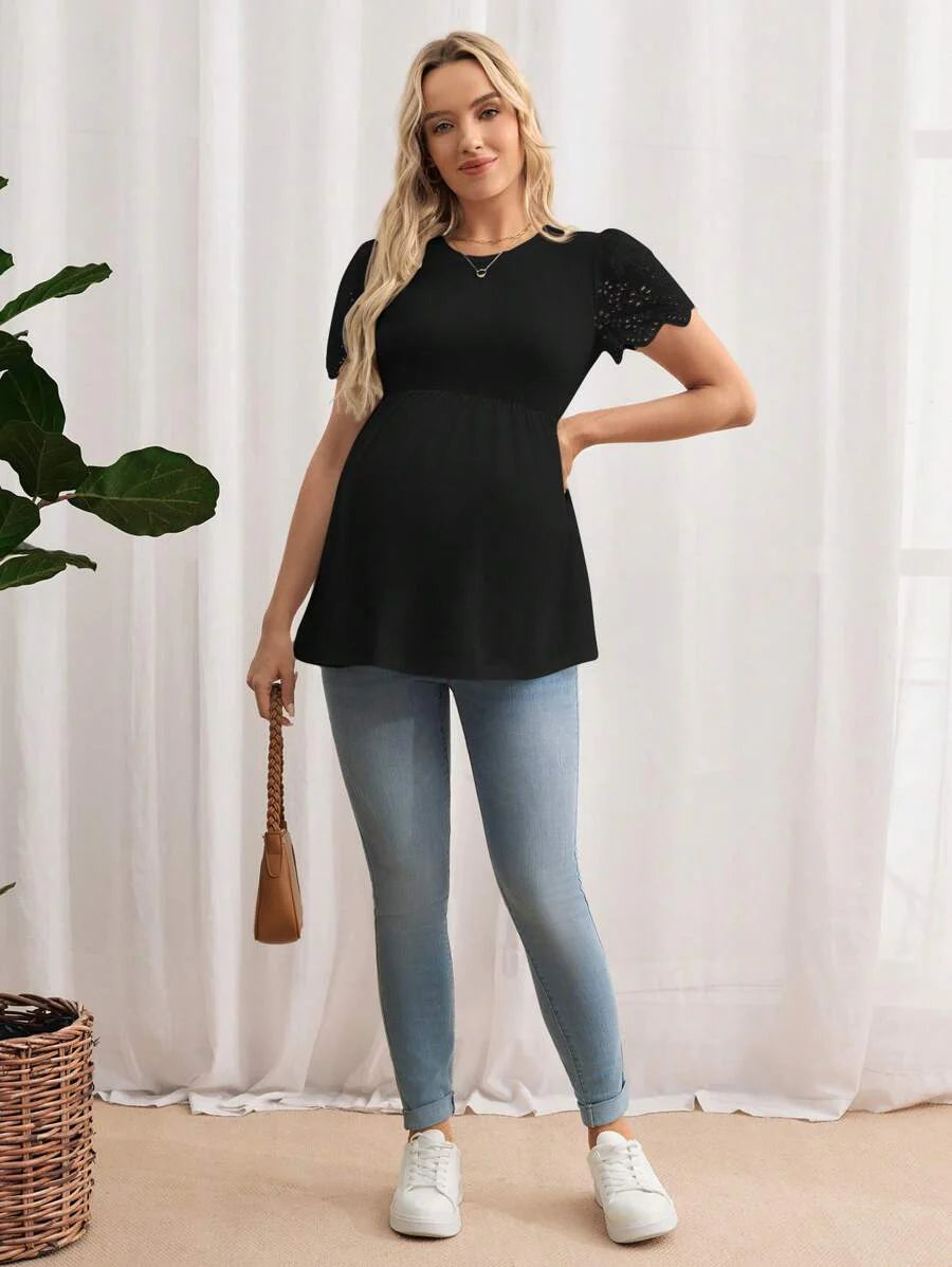 Black Maternity Knitted T-Shirt with Scalloped Short Sleeves and Flared Hem - Casual Round Neck Pregnancy Top
