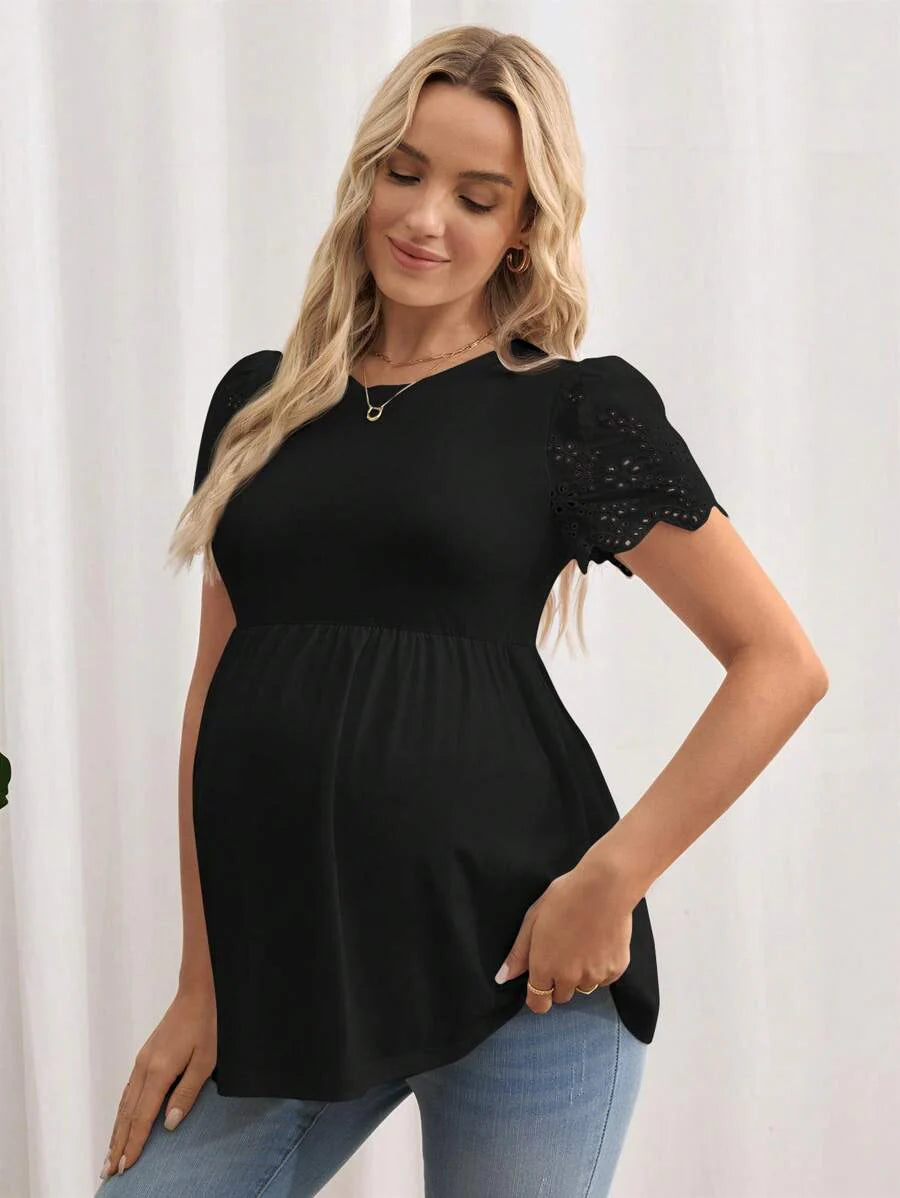 Black Maternity Knitted T-Shirt with Scalloped Short Sleeves and Flared Hem - Casual Round Neck Pregnancy Top