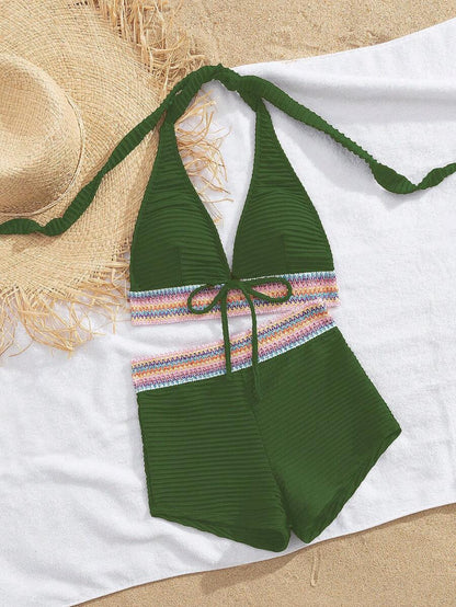 Women's 2-Piece Lace-Up Bikini Set - Twist Halter, Tie Back, High Waist Shorts, Mint Green