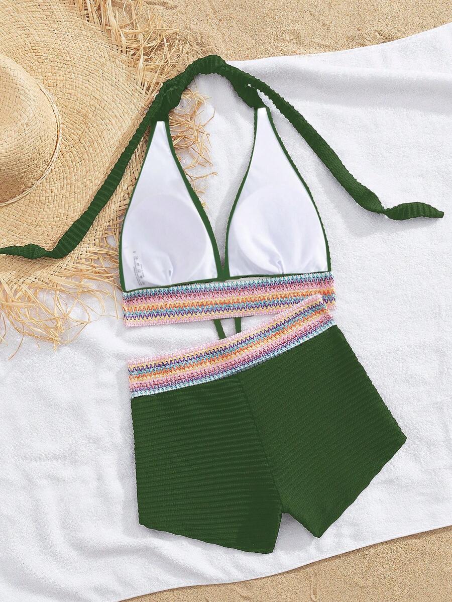 Women's 2-Piece Lace-Up Bikini Set - Twist Halter, Tie Back, High Waist Shorts, Mint Green