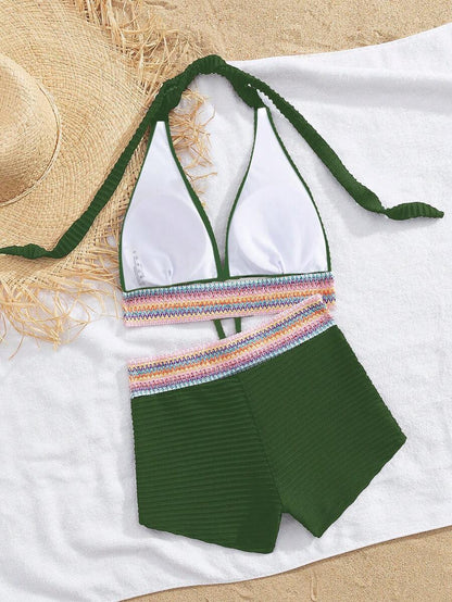 Women's 2-Piece Lace-Up Bikini Set - Twist Halter, Tie Back, High Waist Shorts, Mint Green