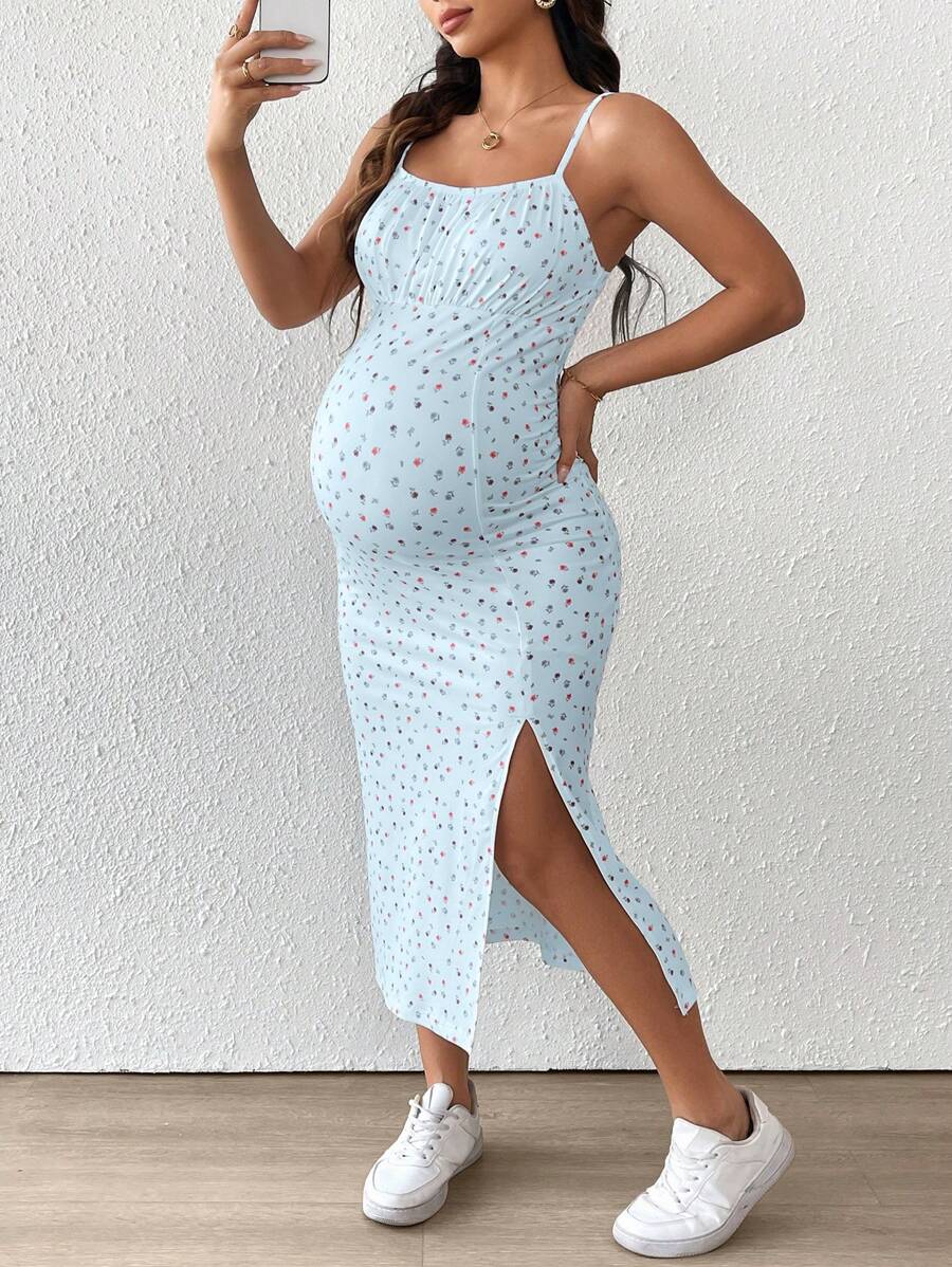 Maternity Floral Print Spaghetti Strap Side Slit Midi Dress Boho Slim Fit Geometric Cami Sun Dress for Home and Summer