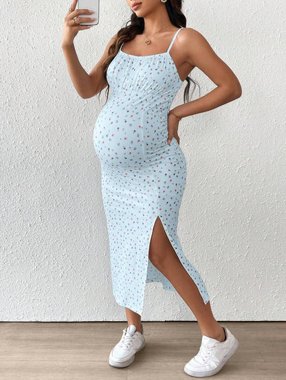 Maternity Floral Print Spaghetti Strap Side Slit Midi Dress Boho Slim Fit Geometric Cami Sun Dress for Home and Summer
