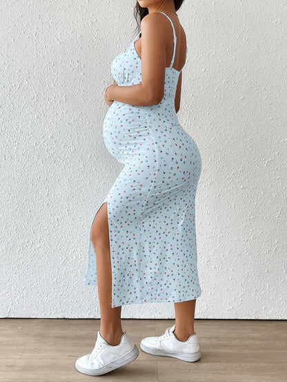 Maternity Floral Print Spaghetti Strap Side Slit Midi Dress Boho Slim Fit Geometric Cami Sun Dress for Home and Summer