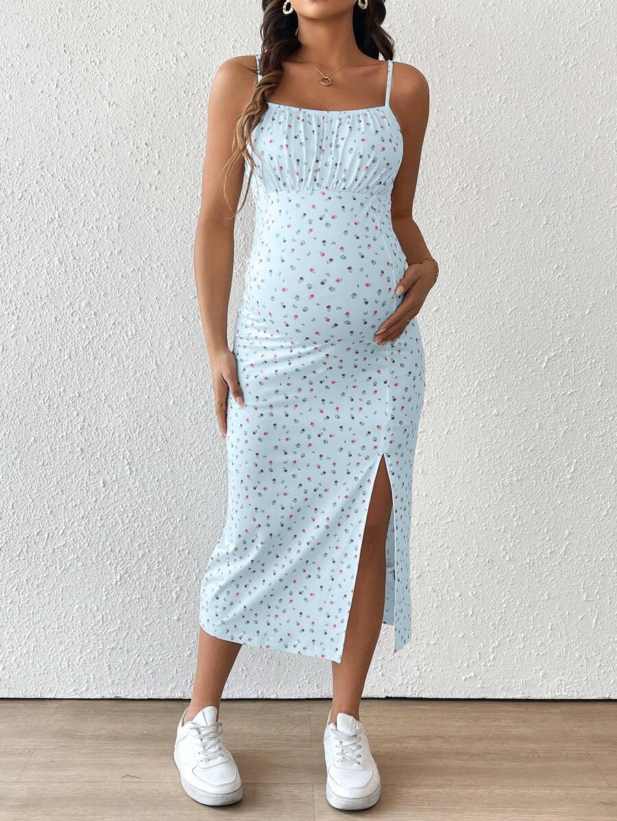 Maternity Floral Print Spaghetti Strap Side Slit Midi Dress Boho Slim Fit Geometric Cami Sun Dress for Home and Summer