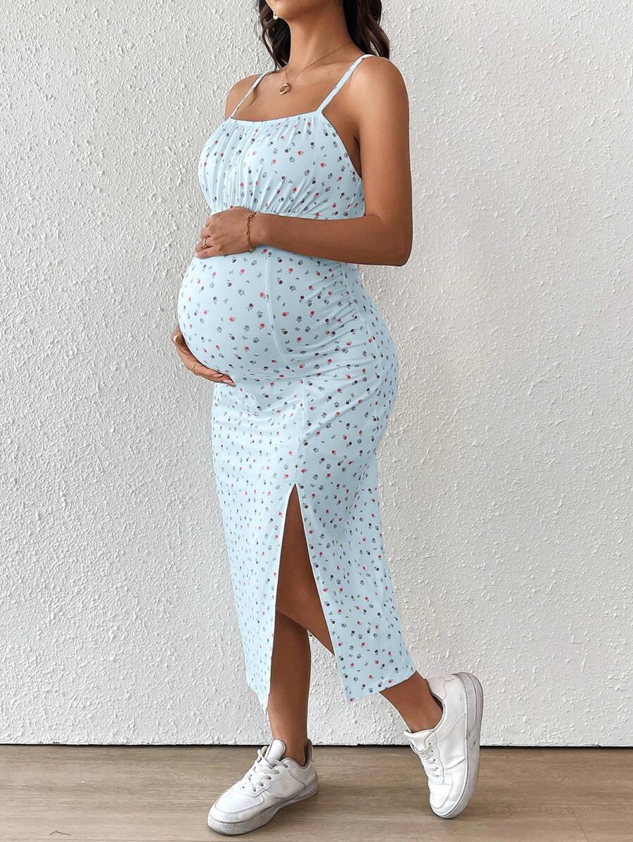 Maternity Floral Print Spaghetti Strap Side Slit Midi Dress Boho Slim Fit Geometric Cami Sun Dress for Home and Summer