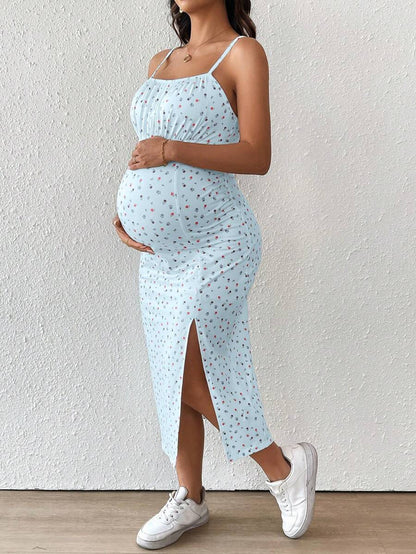 Maternity Floral Print Spaghetti Strap Side Slit Midi Dress Boho Slim Fit Geometric Cami Sun Dress for Home and Summer