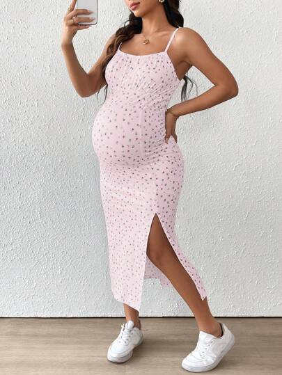 Maternity Floral Print Spaghetti Strap Side Slit Midi Dress Boho Slim Fit Geometric Cami Sun Dress for Home and Summer