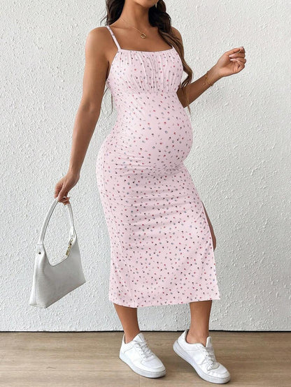 Maternity Floral Print Spaghetti Strap Side Slit Midi Dress Boho Slim Fit Geometric Cami Sun Dress for Home and Summer