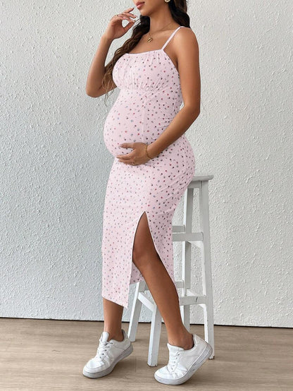 Maternity Floral Print Spaghetti Strap Side Slit Midi Dress Boho Slim Fit Geometric Cami Sun Dress for Home and Summer